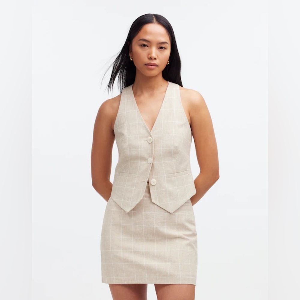Madewell Linen Vest Top in Plaid • Sesame Maeve Glen Plaid • NWT